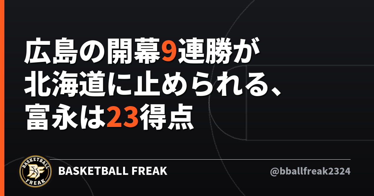 広島の開幕9連勝が北海道に止められる、富永は23得点